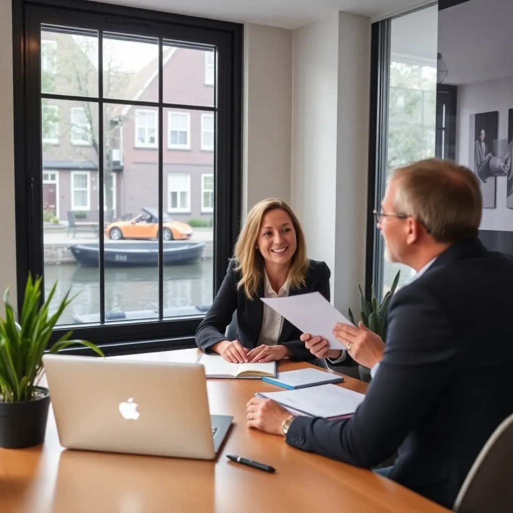 Nederlanders bespreken financiële planning met adviseur bij een typisch Nederlands kantoorkantoor