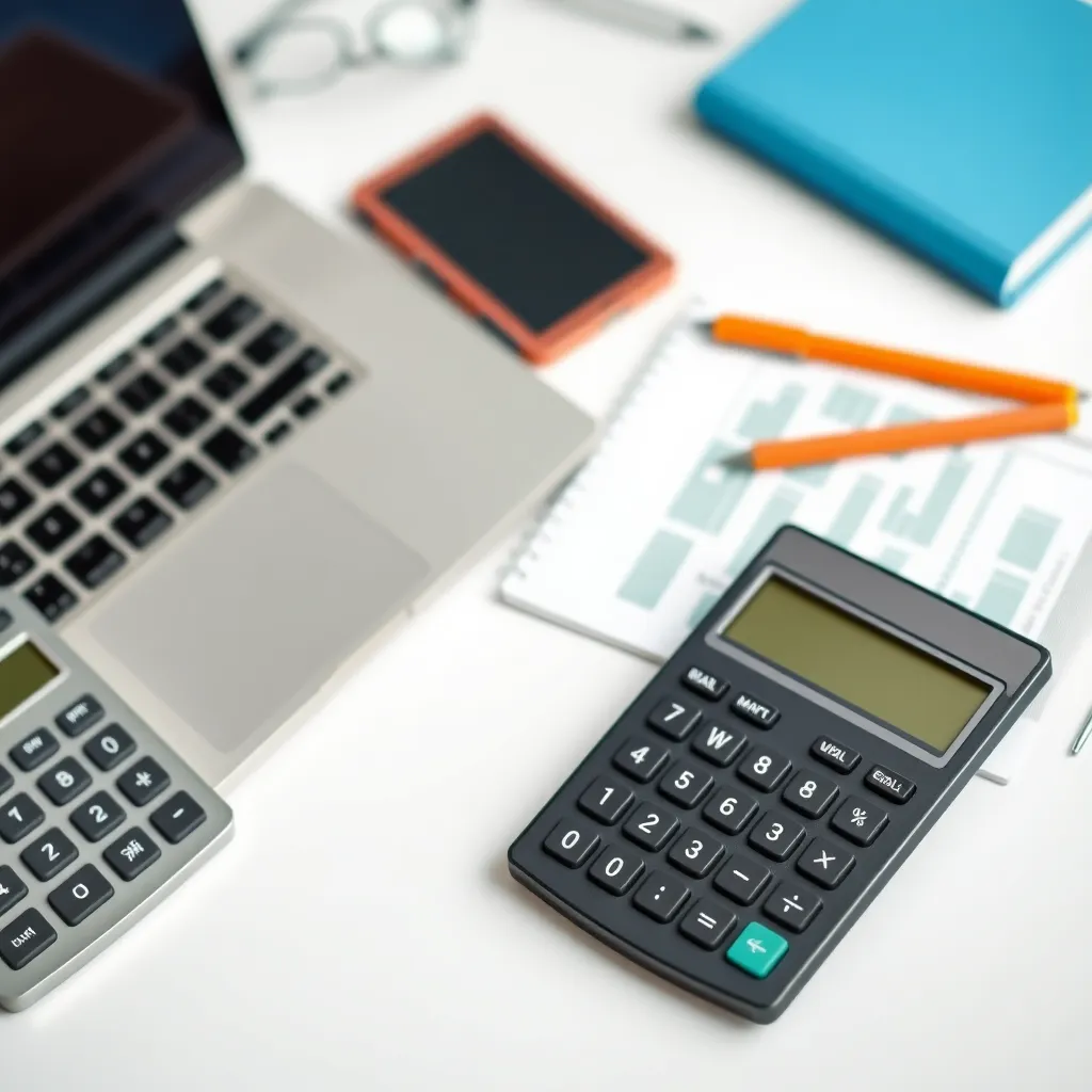 Diverse financiële tools en calculators op een bureau