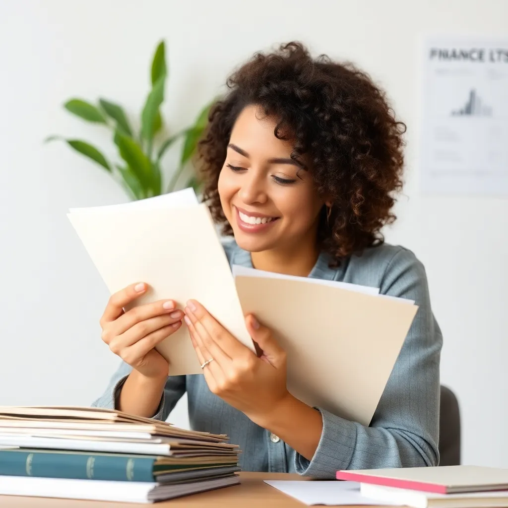 Persoon die financiële administratie ordent met een opgelucht gezicht