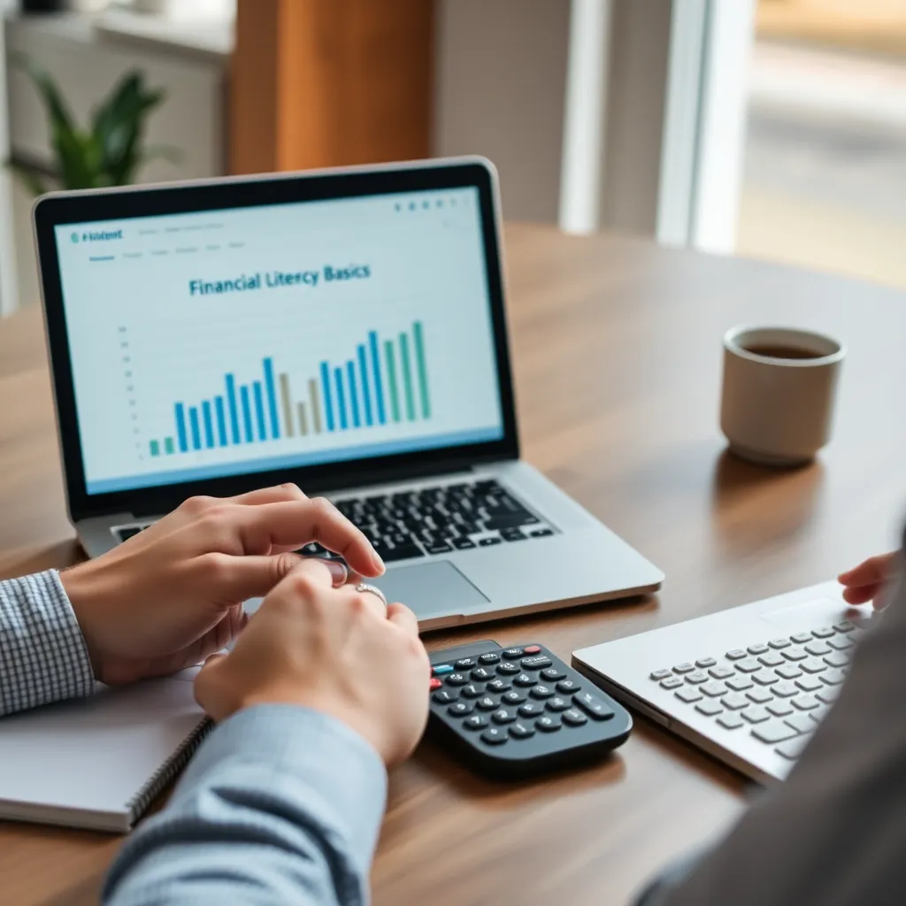 Persoon die financiële planning doet aan een bureau met laptop en rekenmachine