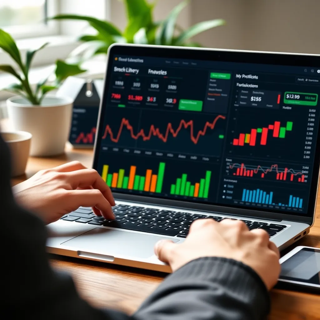 Persoon die investerings-dashboard gebruikt op laptop met grafieken en portefeuille-overzicht