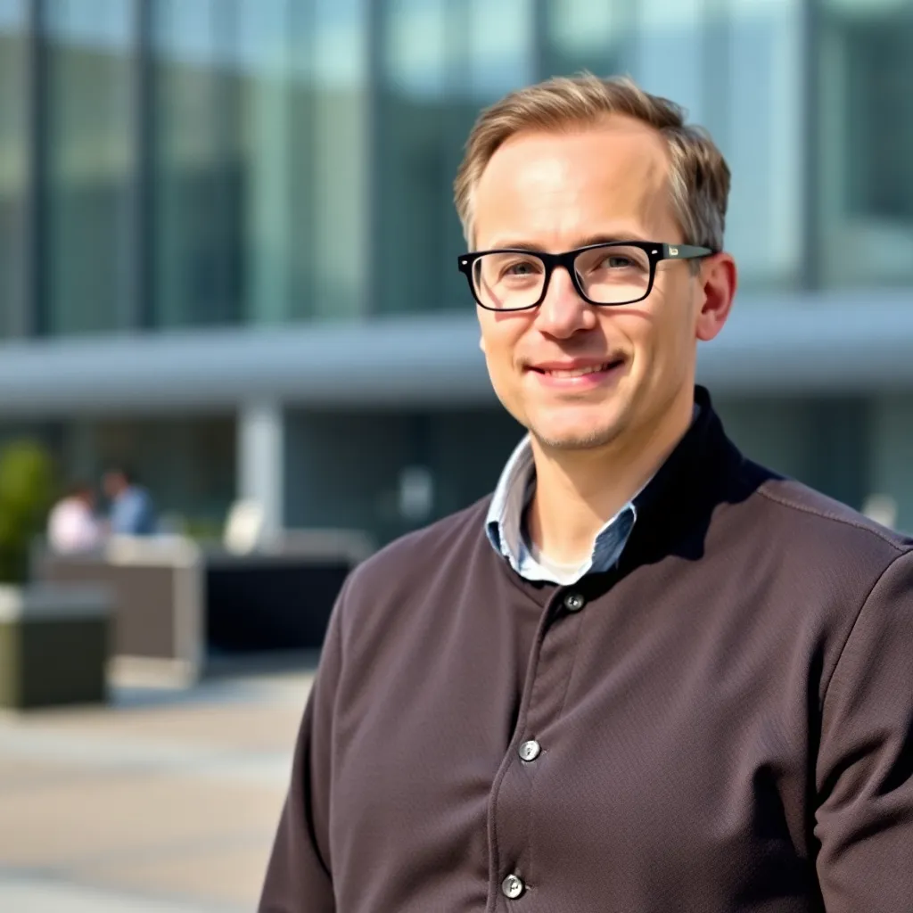 Portret van een Nederlandse man met bril in casual zakelijke kleding