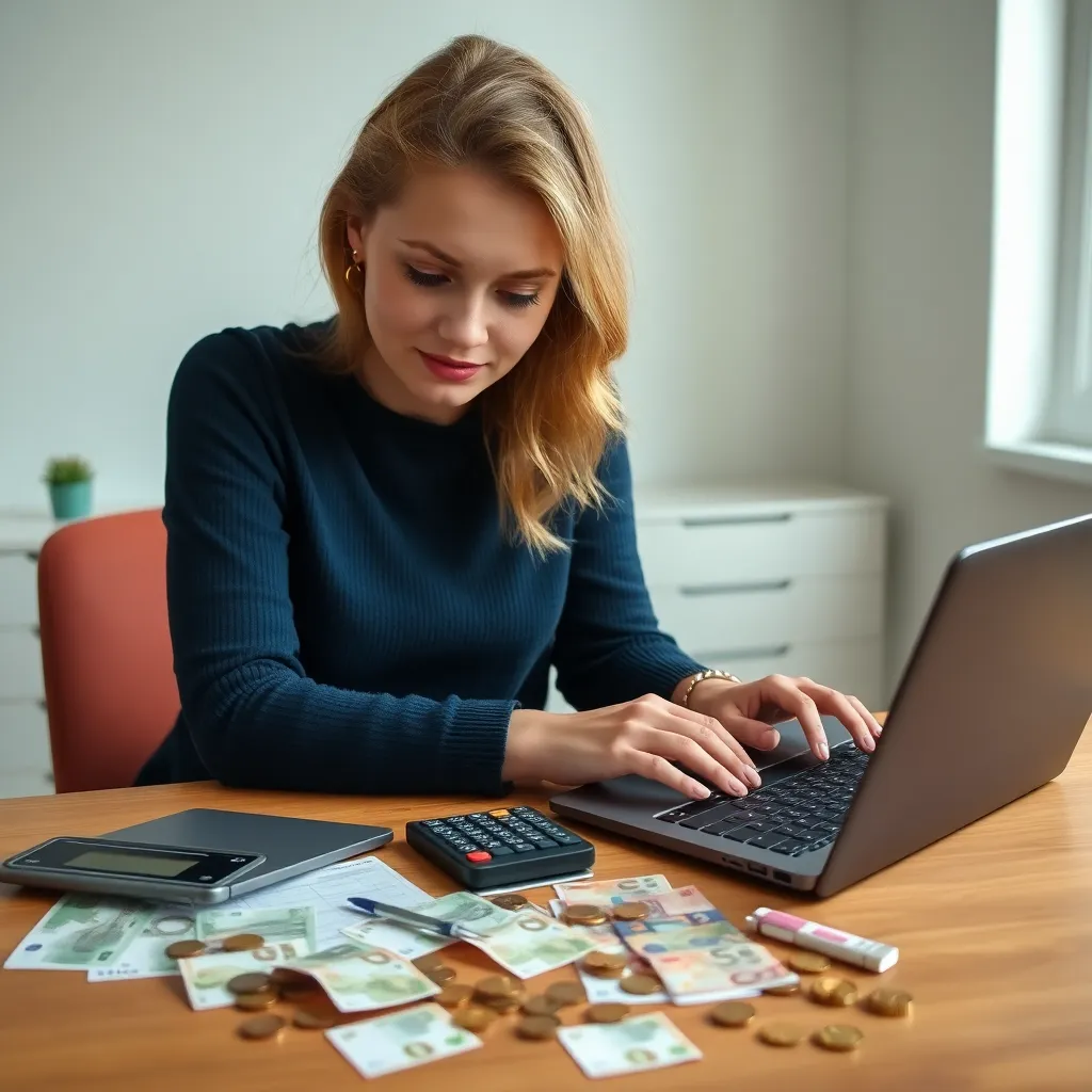 Jonge Nederlandse vrouw die financiën plant met laptop en rekenmachine
